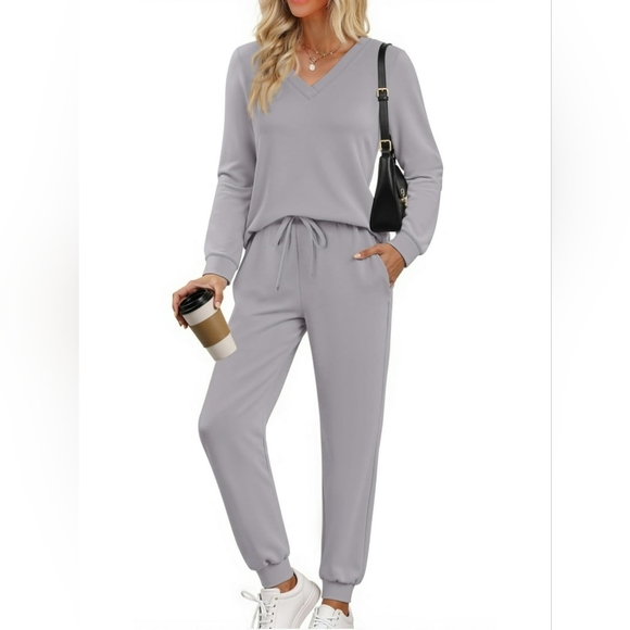 Pants - Casual V-Neck Drawstring Jumpsuit -  Gray Blue